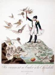 Cartoon over Napoleon I afgebeeld op een heuvel bedekt met skeletten en een kaars vasthoudend die de vleugels van personages (Merlin de Douai, Regnault...) verbrandt, afgebeeld als vleermuizen - in Napoleon I, karikaturen, dummy collectie. 1814 - 1815. B.H