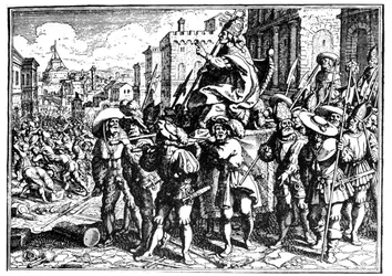 Spotprent over Paus Innocentius I tijdens de invasie en plundering van Rome door Alarik I, Koning van de Visigoten, in 410 (Plundering van Rome). Gravure in De Kroniek van Goffredo
