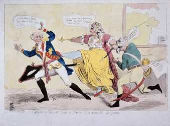 Catherine-II geeft verlof aan François en Brunswick de Foireux, karikatuur, late 18e eeuw