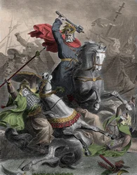 Karel Martel (690-741) leidt de Franken naar de strijd tegen de Arabische invasie bij Tours, Frankrijk, 732 (Slag bij Poitiers) - ingekleurde gravure, 19e eeuw - Karel Martel leidt de Franken tegen Arabische indringers bij Tours, Frankrijk, 732 n. Chr.