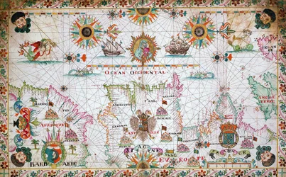 Kaart van de westelijke Middellandse Zee met de noordelijke Afrikaanse en Spaanse kusten, en de Atlantische Oceaan