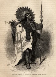 Chief Yellow Moccassin, van de Crow Indianenstam, woonachtig langs de Lewis River. Gravure ter illustratie van een excursie onder de indianenstammen van de bekkens van Colombia en Boven-Missouri, door G. Catlin, in 1855, gepubliceerd in Le tour du monde
