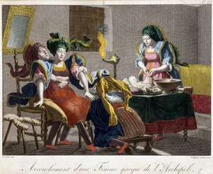 Bevalling in Griekenland - gravure, eind 19e eeuw