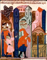 Kinderen worden toevertrouwd aan de monniken voor onderwijs. Miniatuur uit de Codex Justinianus, een verzameling wetten en instellingen herzien onder de Romeinse keizer Justinianus I van Byzantium (483-565)