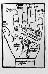 Chiromantie en waarzeggerij: representatie van de verschillende lijnen van de hand die de interpretatie van de persoonlijkheid mogelijk maken. Gravure uit 