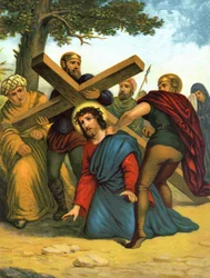 Chromolithografie van het einde van de 19e eeuw die het leven van Christus uitbeeldt: Jezus valt voor het eerst onder het kruis