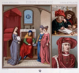 Burgerlijke kostuums in de Middeleeuwen in de 15e eeuw. Rechtsboven: geldwisselaars in Antwerpen. Rechtsonder: portret van Maximiliaan van Oostenrijk (1459-1519) naar Quentin Metzys. In 