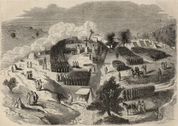 Verovering van Algerije: expeditie naar Groot Kabylia in 1857, het leggen van de eerste steen van Fort Napoleon in Souk-el-Arba. Gravure in 