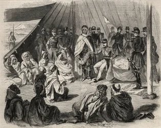 Verovering van Algerije: expeditie naar Groot Kabylia in 1857. Onderwerping van de Kabyle stam van Beni-Raten door het Franse leger. Gravure in 