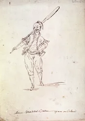 Kostuum voor het personage van Roland in de gelijknamige opera van componist Niccolo Vito Piccinni naar een libretto van Jean Francois Marmontel (1778). Tekening uit het einde van de 18e eeuw