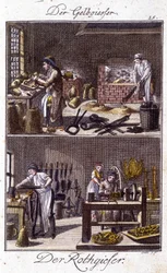 Ambacht: kopersmid en dinandier in hun werkplaatsen. In 