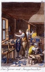 Ambacht: de spoor, de fabrikant van krimpborstels in hun werkplaats. In "Uitgebreide beschrijving van kunsten en ambachten en werkplaatsen voor jongeren" door Johan Peter Vire. Ed. Neurenberg, Weigel en Schneider