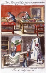 Ambachten: fabrikant van chirurgische instrumenten (boven) en schedebekleder (onder) in hun werkplaats. In "Uitgebreide beschrijving van kunsten en ambachten en werkplaatsen voor jongeren" door Johan Peter Vue. Ed. Neurenberg, Weigel en Schneider