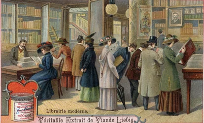 Klanten en boekverkoper in een moderne boekhandel, eind 19e eeuw. Chromolithografie, Liebig afbeelding