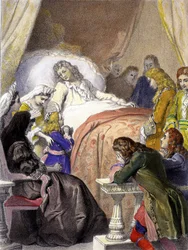 Dood van Lodewijk XIV (1638-1715), Koning van Frankrijk, op 1 september 1715 in Versailles en de toekomstige Lodewijk XV (1710-1774).