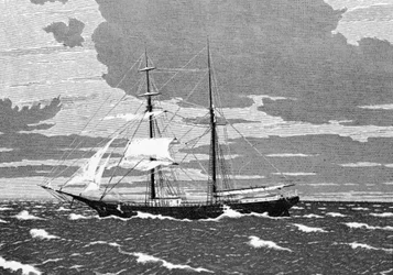 December 1872, Mary Celeste werd verlaten gevonden in het midden van de Atlantische Oceaan, nabij de Azoren. De kapitein, zijn vrouw en hun tweejarige dochter, evenals de acht bemanningsleden, verdwenen (19e-eeuwse gravure)