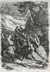 Doralice en Isabelle willen Mandricard en Zerbin scheiden - gravure van 1851 uit 