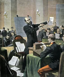 Dreyfus-affaire. Grafologie-expert Alphonse Bertillon getuigt tijdens het proces in Rennes