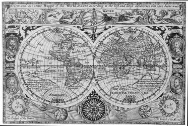 Vroege 17e-eeuwse wereldkaart, naar Mercator, met portretten van ontdekkingsreizigers (Drake, Magellan, Thomas Cavendish en Oliver van der Nort), de elementen en eclipsen