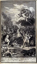 Enee, die Pandaros wil wreken, staat op het punt te bezwijken onder het gewicht van een grote steen die Diomede gooit. Terwijl Venus hem te hulp schiet, grijpt Sthelenos zijn wagen en paarden. Illustratie van boek V van de Ilias van Homerus, Franse editie