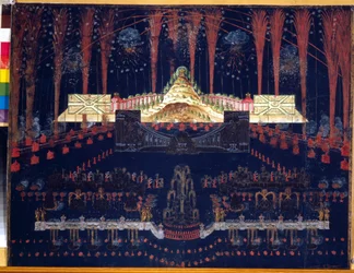 Vuurwerk en illuminaties op 25 april 1742 in Moskou (Rusland). Midden 18e eeuw. Rococokunst. Staatshistorisch Museum, Moskou.