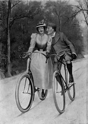 Flirt einde van de eeuw: stel op een fiets - gravure