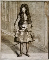 Portret ten voeten uit van koning Lodewijk XIV, bekend als de Zonnekoning (1638-1715). Gravure uit de 18e eeuw. Nationale Bibliotheek van Madrid.
