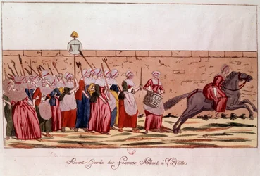 Franse Revolutie van 1789: voorhoede van vrouwen op weg naar Versailles op 5 oktober 1789. Gravure uit de 18e eeuw. Parijs, B.N.