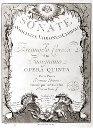 Frontispice van 12 sonates voor viool, bas en klavecimbel door Arcangelo Corelli (Franse versie)