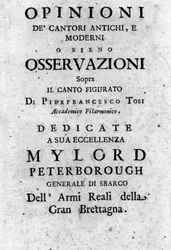 Frontispice van "Opinioni dei cantori antichi e moderni ossiano osservazioni sopra il canto figurato" door Pier Francesco Tosi (1653 - 1732), Italiaanse castraat, componist en theoreticus. 1723