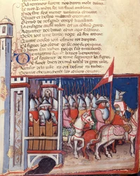 Gebarensong: een leger van mannen te paard verlaat een kasteel. Miniatuur uit het Frans-Italiaanse manuscript 