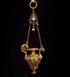 Gouden emaille hanger in de vorm van een urn
