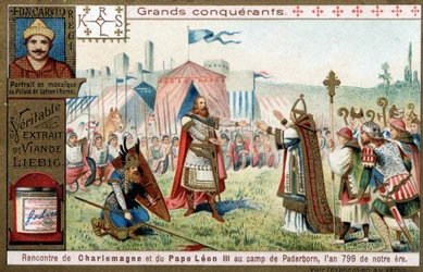 Grote veroveraars: portret van Karel de Grote (742 of 747-814) en zijn ontmoeting met paus Leo III (750-816) in het kamp van Paderborn (Duitsland), in 799 - Liebig chromolithografie