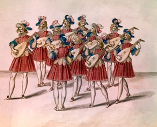 Groep muzikanten die luit spelen. Aquarel en pen door Daniel Rabel (1578-1637) uit het Album Chateau de Bicetre 17e eeuw Parijs, Louvre Museum