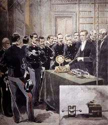 Guglielmo Marconi presenteerde de draadloze telegrafie (TSF) op een conferentie bij het Ministerie van Marine in 1897.