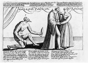 Harlekijn, de bedrogen echtgenoot. Reeks gravures van een toneelstuk dat tegen het einde van de 16e eeuw in Frankrijk werd opgevoerd, over de liefdesperikelen van Harlekijn en Franceschina.