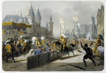 Hendrik II (1519 - 1559) stierf in een toernooi op 27 juni 1559 - lithografie