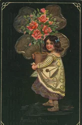 Historische wenskaart met een kind en een grote potplant, roos