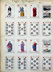 Historische speelkaarten die grote personages uit de geschiedenis, kunst, literatuur, religie voorstellen