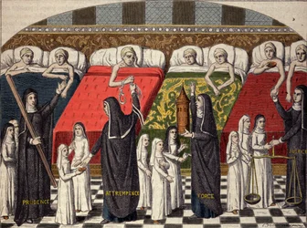 Ziekenhuiskamer in het Hotel Dieu in Parijs. Goede zusters worden aangeduid met de naam van deugden: voorzichtigheid, matigheid, kracht en rechtvaardigheid. Gravure naar een miniatuur uit de 15e eeuw.
