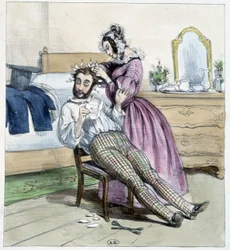 Humoristische tekening over de ontrouw van een dandy met de brief van zijn verloofde - tekening