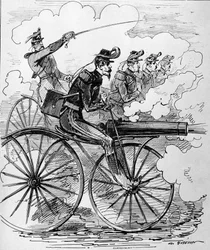Humoristische gravure: Velocipedomania toegepast op machinegeweren - 19e eeuw