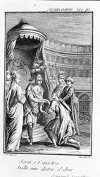 Illustratie van Sémiramis, opera door Antonio Salieri (1750 - 1825). Libretto door Pierre Metastase (of Pietro Metastasio). Act III, laatste scène.