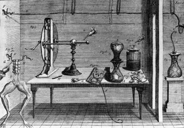 Illustratie van experimenten door Luigi Galvani, Italiaanse natuurkundige en arts (1737 - 1798) die de doorgang van elektrische stroom uitlegt die de poten van een kikker beweegt.