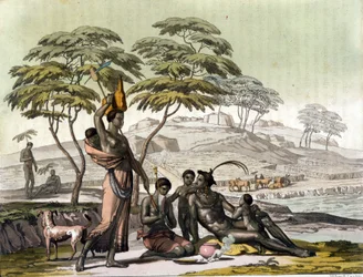 Indiaan uit Botswana (Bechuanaland). Gravure uit 