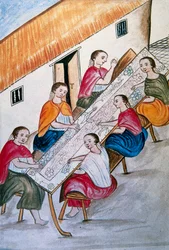 Indiase arbeiders die naaien, uit het boek "Trujillo del Peru" of "Códice Martínez Compañón", door Baltazar Martinez Compañón y Bujanda, bisschop van Trujillo (1782-1785)