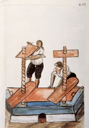 Indianen strijken linnen, uit het boek "Trujillo del Peru" of "Códice Martínez Compañón", door Baltazar Martinez Compañón y Bujanda, bisschop van Trujillo (1782-1785)