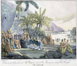 Interview van de expeditie van de heer Kotzebue met koning Tammeamea op het eiland Ovayhi. (Sandwich-eilanden)