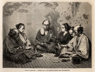 Japanse spelers midden in een kaartspel. Gravure ter illustratie van Japan, reisverhaal door Aime Humbert, minister van de Zwitserse Confederatie, in 1863-1864, gepubliceerd in 