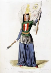 Jeanne Laisné, bekend als Jeanne Fourquet, bijgenaamd Jeanne Hachette Franse heldin (1456 tot?). gravure uit 1835